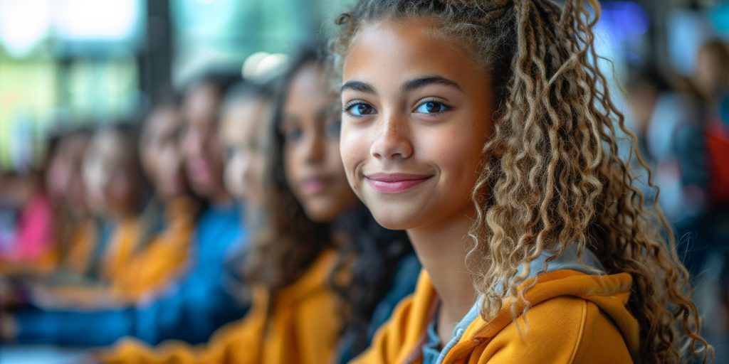 A student smiling with other young people seated behind her.