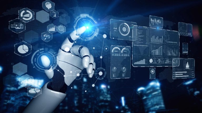A robotic hand interacting with digital data displays.