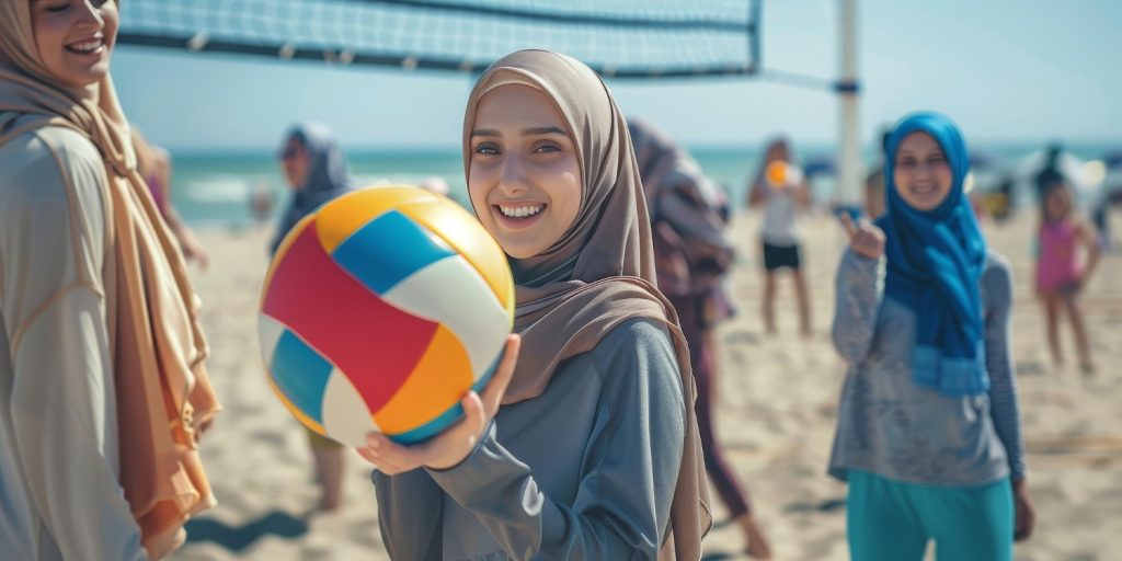 Young women playing volleyball on a beach.