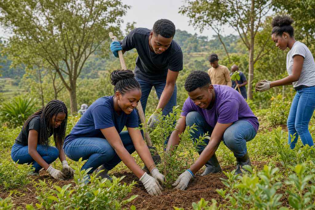 Young people planting trees together during Mazingira Day