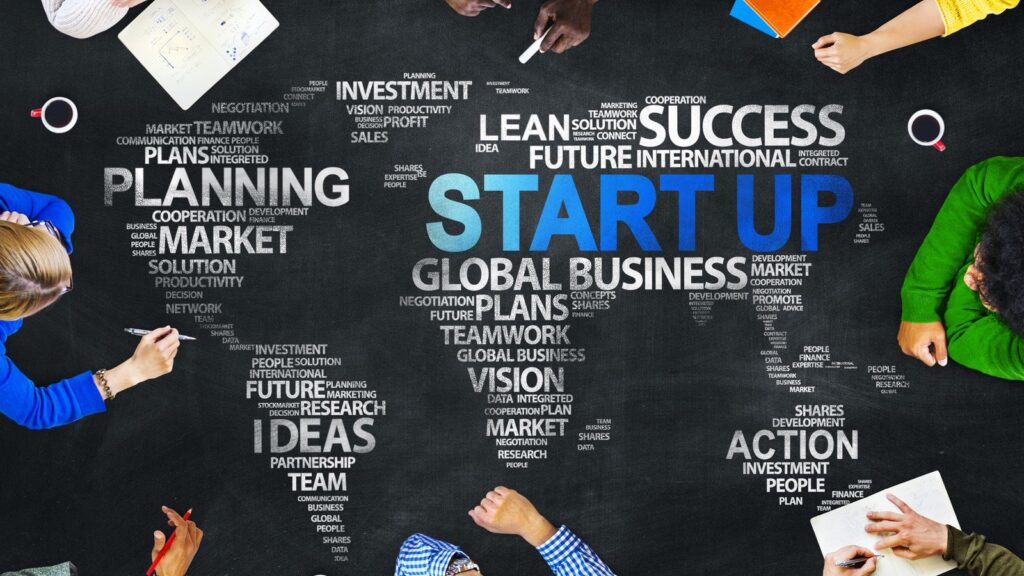 A collaborative planning surface showing startup, ideas, teamwork and action.
