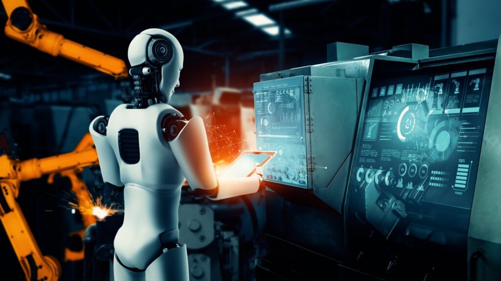 A humanoid robot working with digital manufacturing equipment.