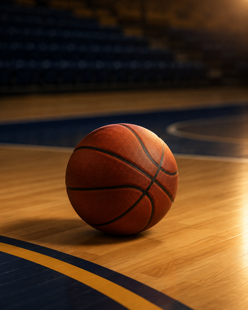 Basketball resting on an indoor court.